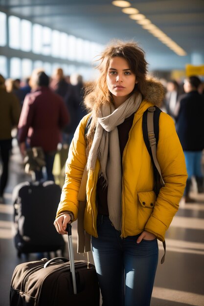 Kobieta z walizką w ruchliwym terminalu lotniska czekająca na swój lot Generatywna sztuczna inteligencja