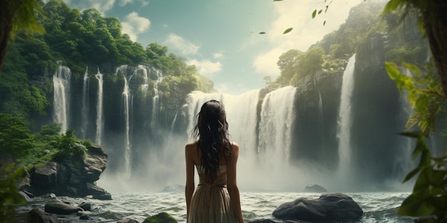 Kobieta z widokiem na wodospad z zielenią wokół realistycznego 8k