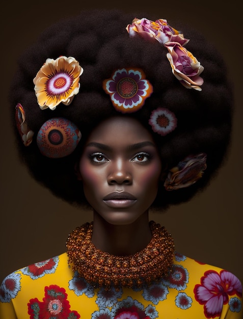 Zdjęcie kobieta z wielkim afro i kwiatami na głowie