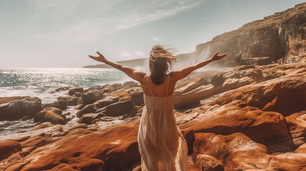 Kobieta z wyciągniętymi ramionami i patrząca na ocean.
