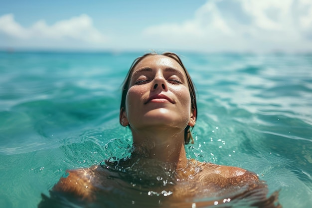 Kobieta z zamkniętymi oczami pływająca w morzu