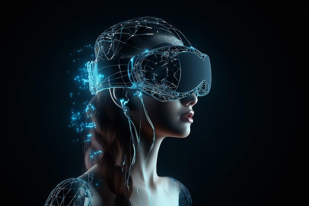 Zdjęcie kobieta z zestawem słuchawkowym wirtualnej rzeczywistości na głowie.