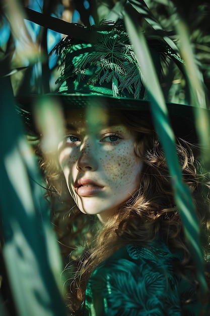 Kobieta z zielonym kapeluszem i zielonym kapeluszem z słońcem świecącym przez liście