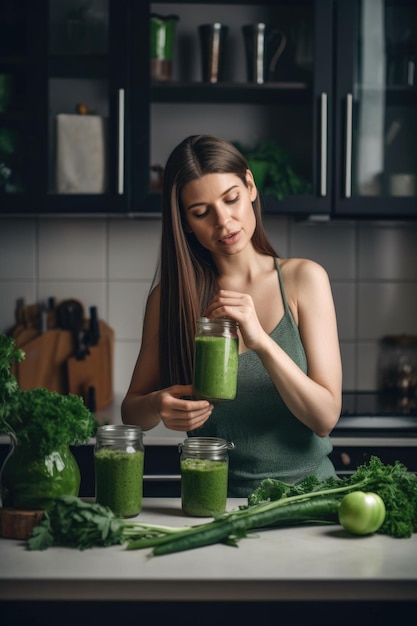 Kobieta z zielonym smoothie, probiotyczną i wegańską dietą w kuchni stworzonej za pomocą sztucznej inteligencji generatywnej