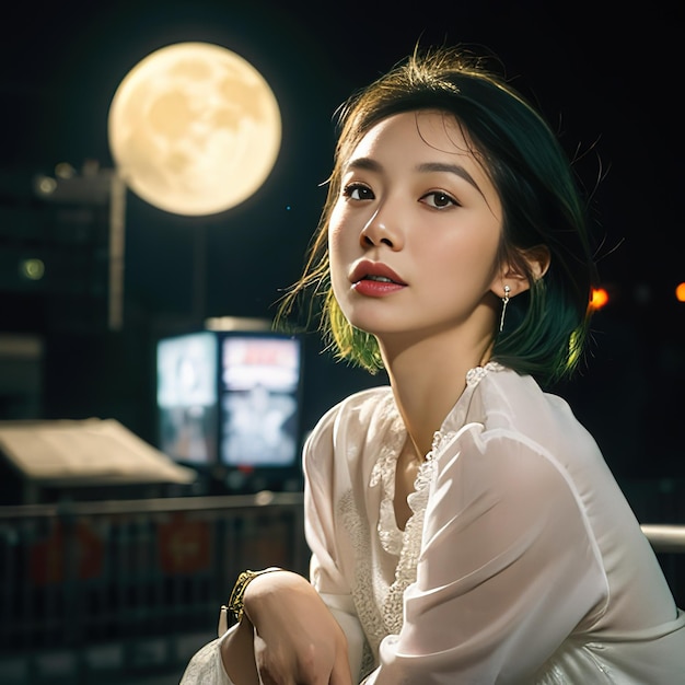 Zdjęcie kobieta z zielonymi włosami i białą koszulką siedzi przed księżycem pełnym.