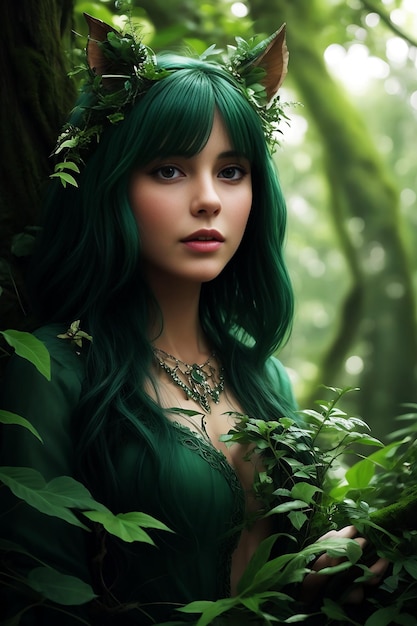 Kobieta z zielonymi włosami i zielonymi liśćmi na głowie stoi w lesie