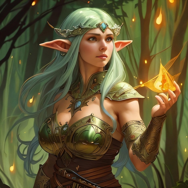 Kobieta z zielonymi włosami i złotą gwiazdą w dłoni.