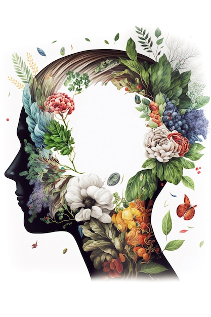 Zdjęcie kobieta z ziołami i kwiatami na głowie wylatuje z włosów portret na białym tle