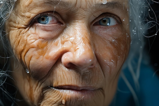Zdjęcie kobieta z zmarszczkami i niebieskimi oczami patrzy w kamerę generatywna sztuczna inteligencja
