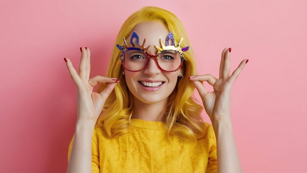 Kobieta z żółtymi włosami i karnawałowymi okularami