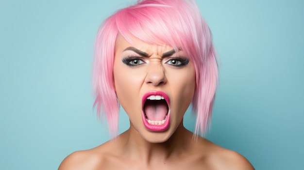 Kobieta z żywymi różowymi włosami wyraża szok lub gniew, usta szeroko otwarte na błękitnym tle