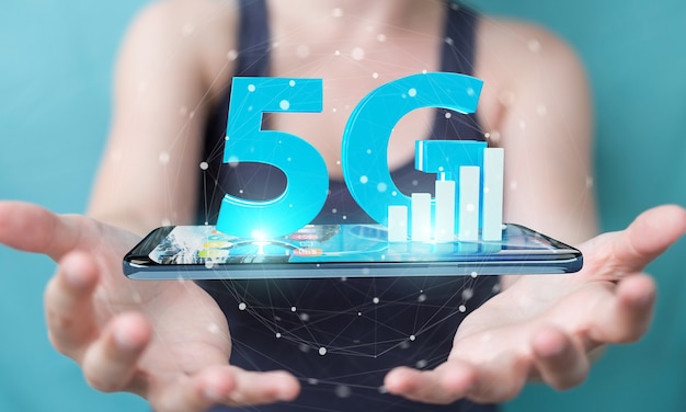 Kobieta Za Pomocą Sieci 5g Z Telefonu Komórkowego, Renderowania 3d