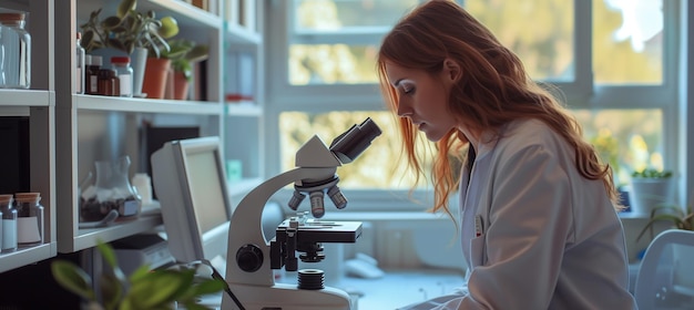 Kobieta zajmująca się medycyną analizuje próbki pod mikroskopem w biurze laboratoryjnym