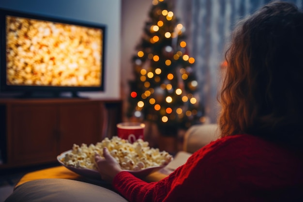 Kobieta zanurzona w telewizji z popcornem na Boże Narodzenie