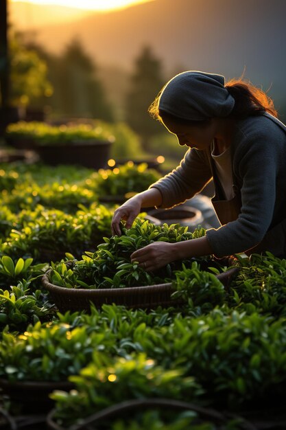 Kobieta zbiera liście herbaty na plantacji herbaty