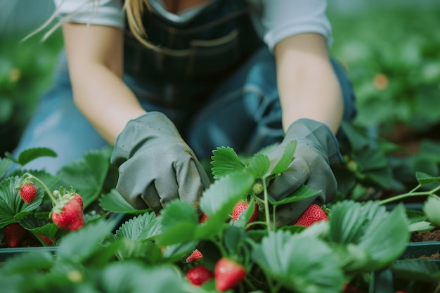 Kobieta zbierająca truskawki na farmie