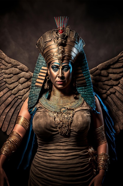 Kobieta ze skrzydłami i koroną na głowie stoi na ciemnym tle