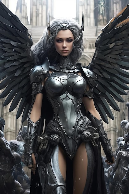 Kobieta ze skrzydłami i mieczem stoi przed budynkiem z tłumem żołnierzy.