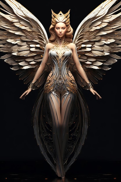 Kobieta ze skrzydłami i srebrną sukienką ze złotymi skrzydłami stoi na czarnym tle.