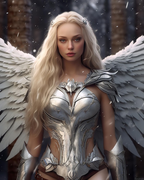 Kobieta ze skrzydłami i srebrnym aniołem na głowie
