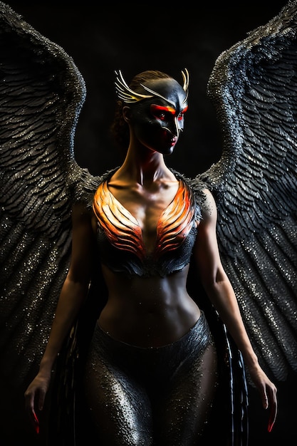 Kobieta ze skrzydłami na głowie i czarną maską z napisem anioł