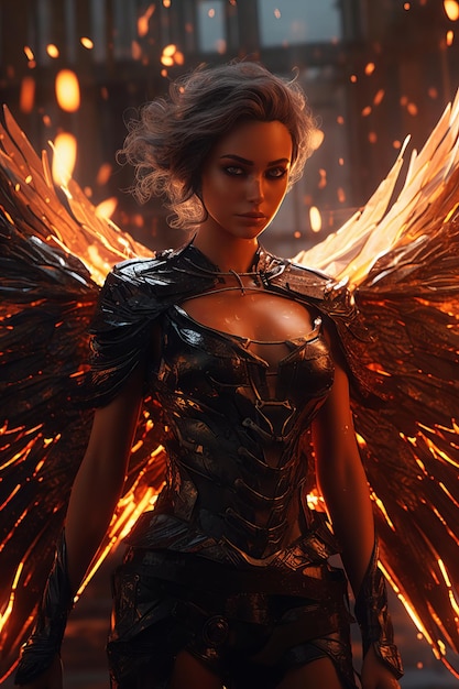 Kobieta ze skrzydłami na plecach stoi przed ogniem.