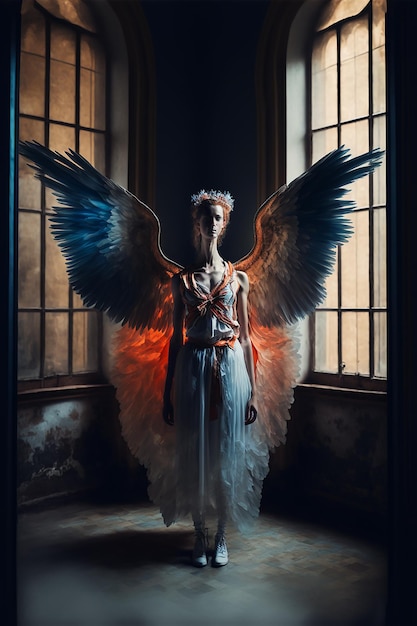 Kobieta ze skrzydłami stoi przed oknem ze światłem na twarzy