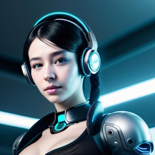 Kobieta ze słuchawkami na uszach i czarną koszulą z napisem „robot”.