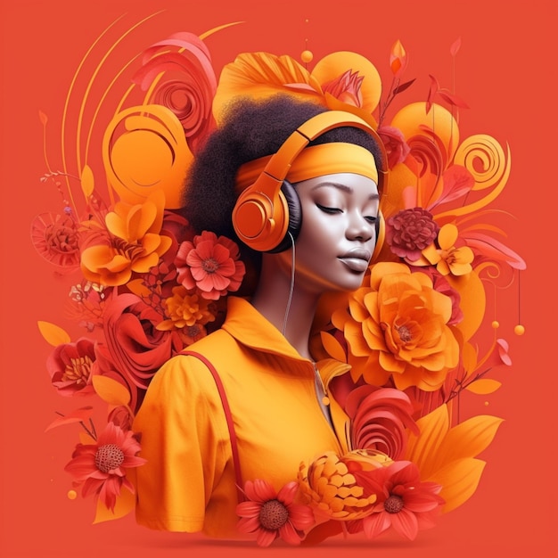 Kobieta ze słuchawkami na uszach i czerwonym tle z kwiatami