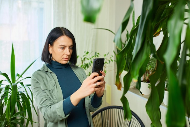 Kobieta ze smartfonem robiąca zdjęcie chorób liści Dracaena palm