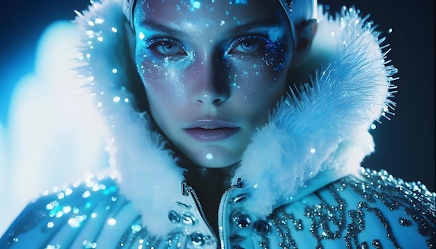 Kobieta ze śniegiem na twarzy i niebieską kurtką