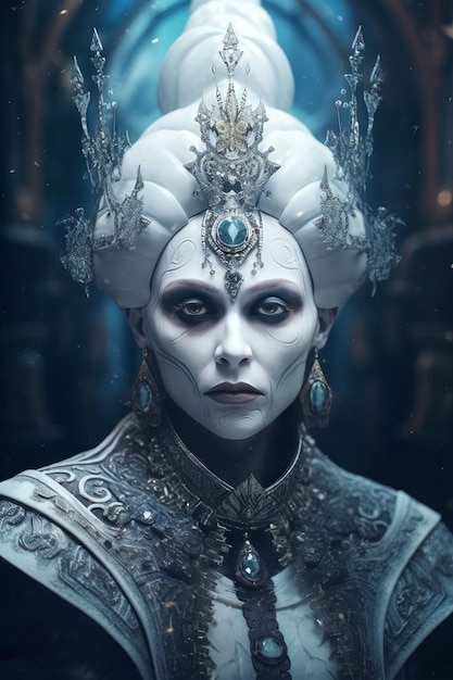 Kobieta ze srebrną koroną i srebrną twarzą z niebieską twarzą i srebrnym naszyjnikiem.