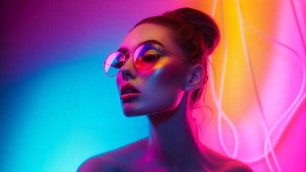 Kobieta ze stylowymi okularami jest podkreślona żywymi neonowymi światłami w kolorze różowym i niebieskim tworząc uderzający wygląd mody