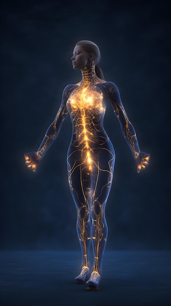 Kobieta ze świecącym obrazem kobiecego ciała z napisem „neurifier”.