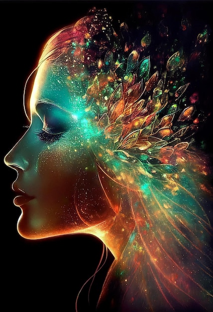 Kobieta ze świecącymi piórami na głowie generatywne ai