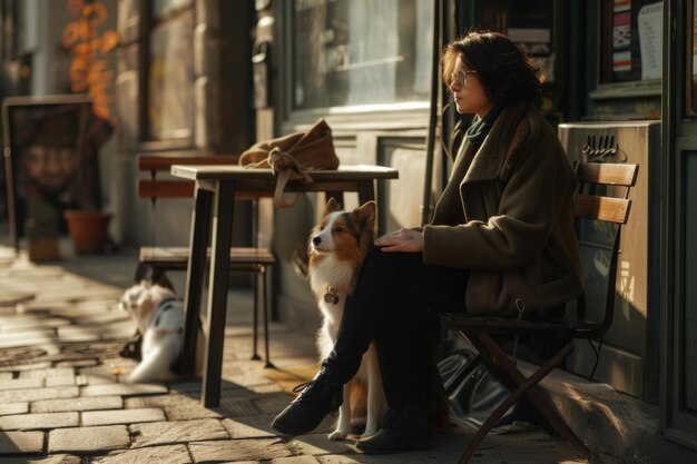 Zdjęcie kobieta ze swoim zwierzęciem w przyjaznej dla psów kawiarni generatywna sztuczna inteligencja