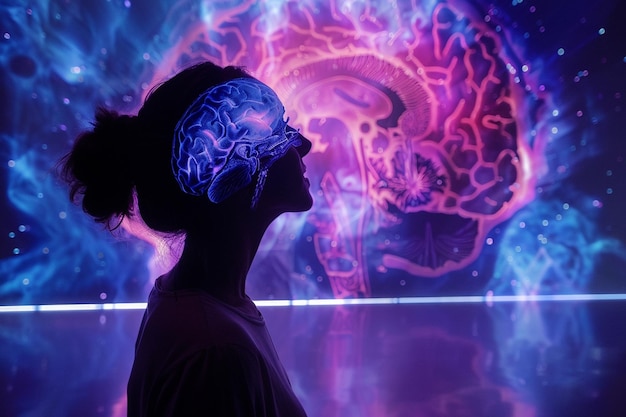 kobieta ze sztencelem na głowie stoi przed kolorowym obrazem ludzkiej głowy