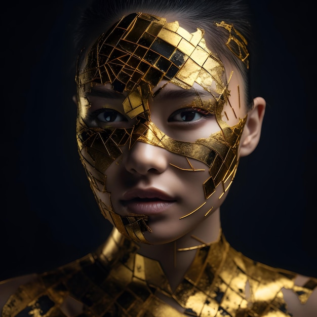 Zdjęcie kobieta ze złotą farbą na twarzy cyberpunk stilusban