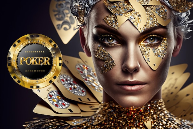 Kobieta ze złotą twarzą i złotą farbą do twarzy ze słowem poker.