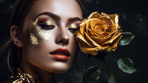 Zdjęcie kobieta ze złotym makijażem i kwiatem we włosach