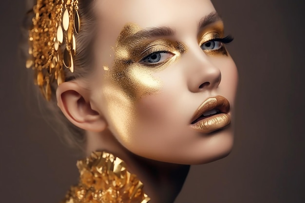Kobieta ze złotym makijażem i złotym makijażem