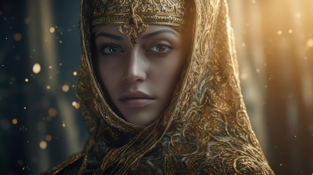 Kobieta ze złotym nakryciem głowy i złotym nakryciem głowy ze słowem książę.