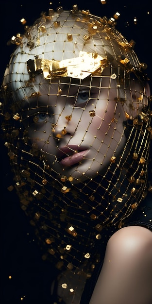 Kobieta ze złotym nakryciem głowy z piór i złotym nakryciem głowy z piór.