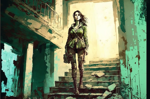 Kobieta zombie stojąca na schodach w opuszczonym domu ilustracja w stylu sztuki cyfrowej malarstwo ilustracja fantasy dziewczyny zombie