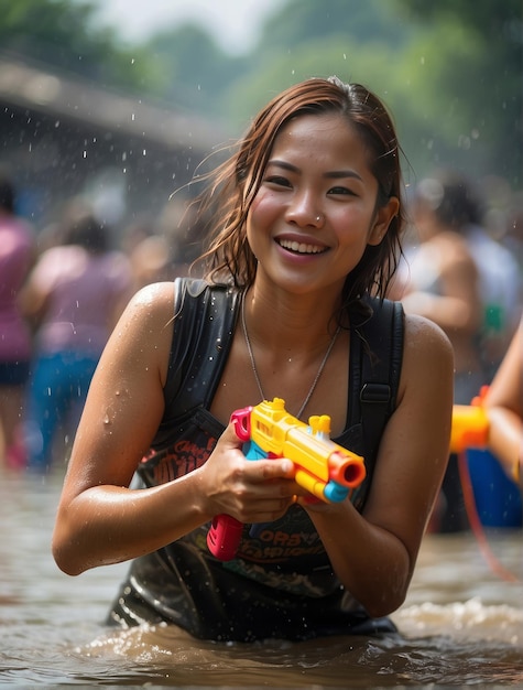 Zdjęcie kobiety bawiące się pistoletami wodnymi na festiwalu songkran