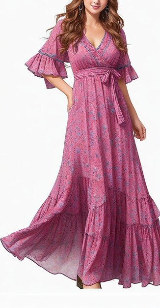 Zdjęcie kobiety berrygo boho v neck ruffle floral wrap maxi dress