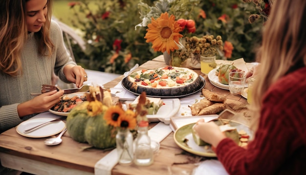 Kobiety jedzące wygodne jedzenie siedzące razem przy świątecznym stole