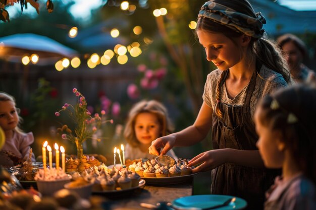 Kobiety na podwórku, ciasta urodzinowe dla dzieci.