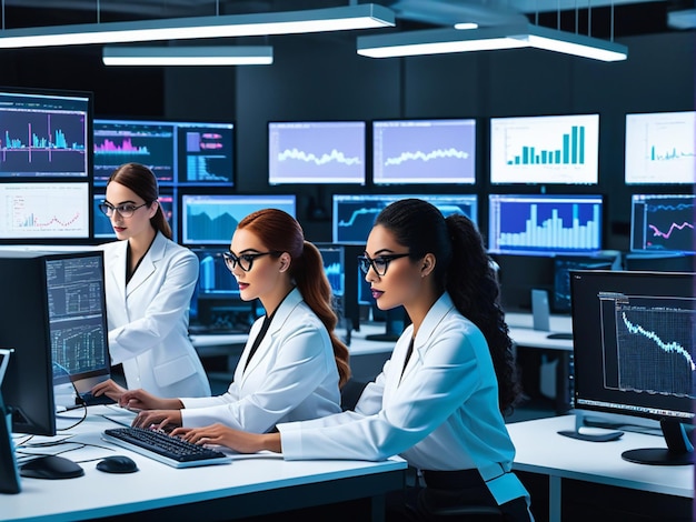 Kobiety naukowce zajmujące się danymi pracują nad swoimi komputerami w dużym nowoczesnym laboratorium, przeglądając wykresy i dia