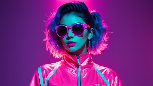 Kobiety nosiły okulary przeciwsłoneczne i kombinezony w nocy w przyszłych kolorach neonowych generatywna sztuczna inteligencja